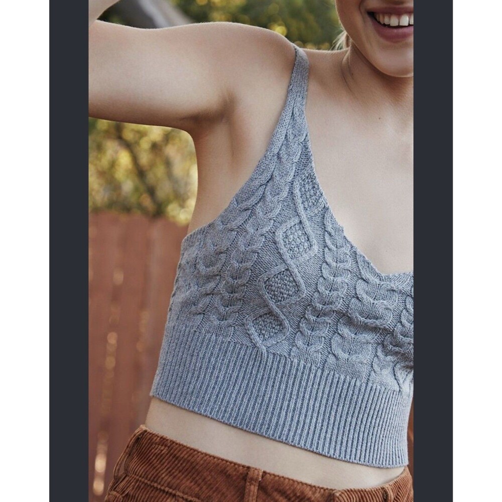 Grey Cable Knit Cropped Cotton Blend Tank Top S/M